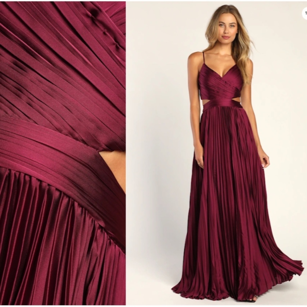 Lulu's Wine Red Pleated Cutout Maxi Dress